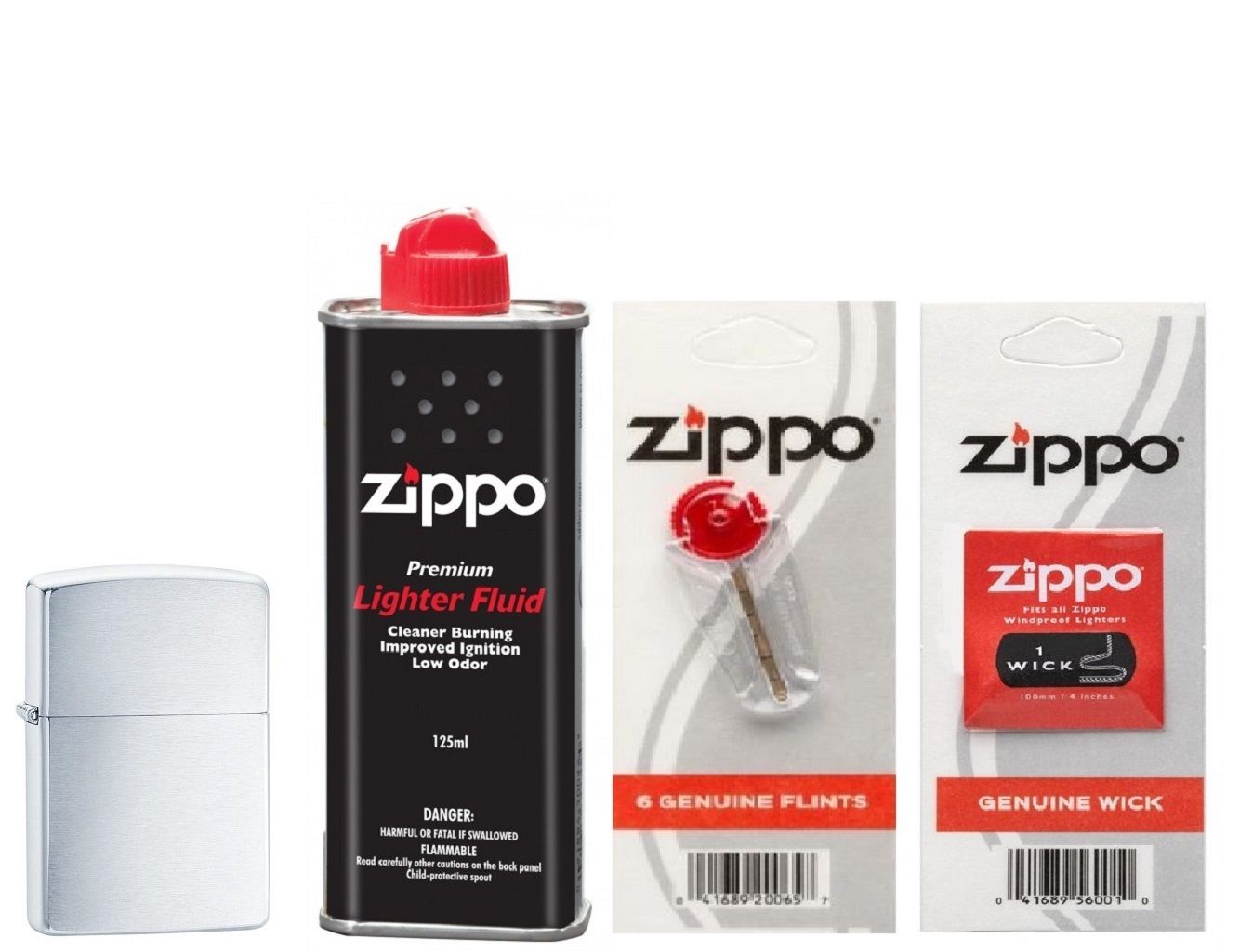 Combo 4 sản phẩm : Bật lửa Zippo Brushed Chrome 200+Xăng+Đá+Bấc