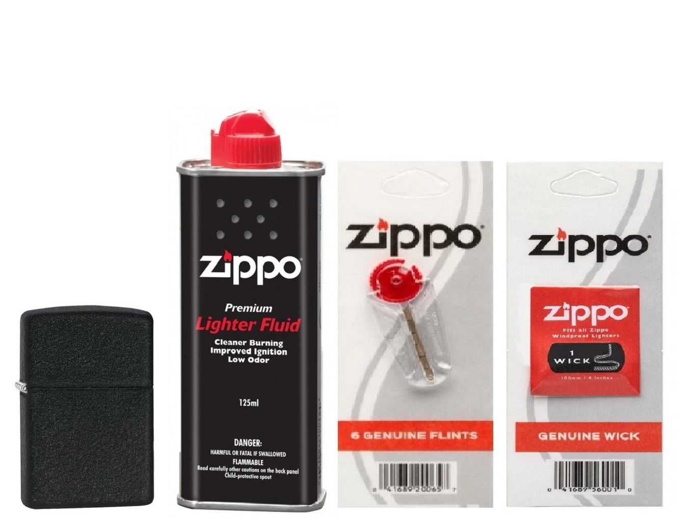 Combo 4 sản phẩm: Bật lửa Zippo Black Crackle 236+Xăng+Đá+Bấc