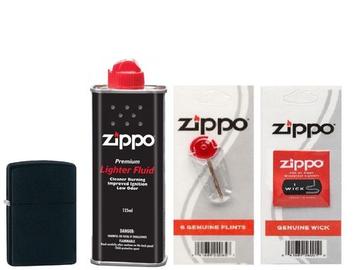 Combo 4 sản phẩm: Bật lửa Zippo Black Matte 218+Xăng+Đá+Bấc