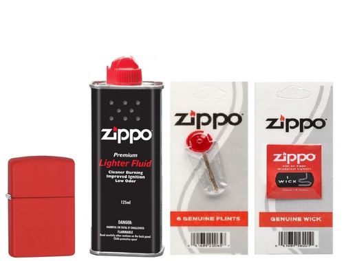 Combo 4 sản phẩm: Bật lửa Zippo Matte Red 233+Xăng+Đá+Bấc