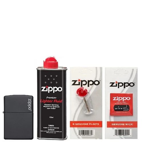 Combo 4 sản phẩm: Bật lửa Zippo Black Matte 218ZL+Xăng+Đá+Bấc