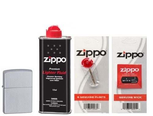 Zippo Combo 4 sản phẩm: Bật lửa Zippo Satin Chrome 205+Xăng+Đá+Bấc