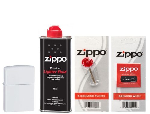 Combo 4 sản phẩm: Bật lửa Zippo White Matte 214+Xăng+Đá+Bấc