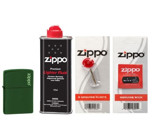 Combo 4 sản phẩm : Bật lửa Zippo Matte Green with Logo 221ZL+Xăng+Đá+Bấc