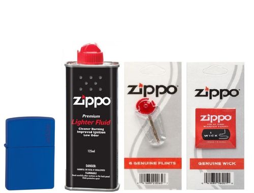 Combo 4 sản phẩm: Bật lửa Royal Blue Matte with Zippo Logo 229ZL+Xăng+Đá+Bấc