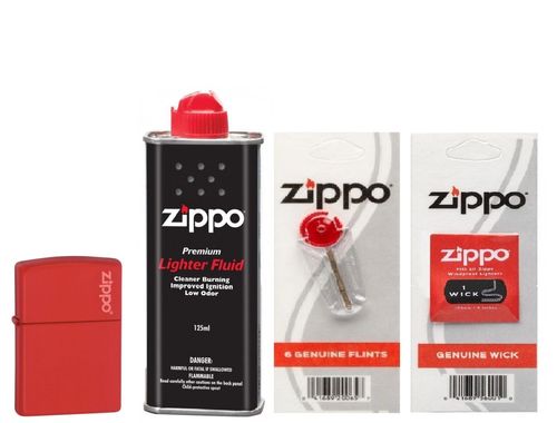 Combo 4 sản phẩm : Bật lửa Zippo Red Matte with Logo 233ZL+Xăng+Đá+Bấc