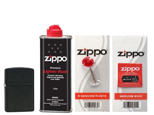 Combo 4 sản phẩm: Bật lửa Zippo Black Crackle 236+Xăng+Đá+Bấc