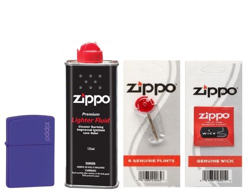 Combo 4 sản phẩm: Bật lửa Zippo Matte Purple with Logo 237ZL+Xăng+Đá+Bấc