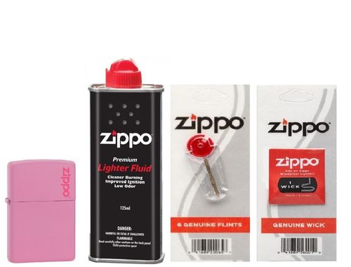 Combo 4 sản phẩm : Bật lửa Pink Matte with Zippo Logo 238ZL+Xăng+Đá+Bấc