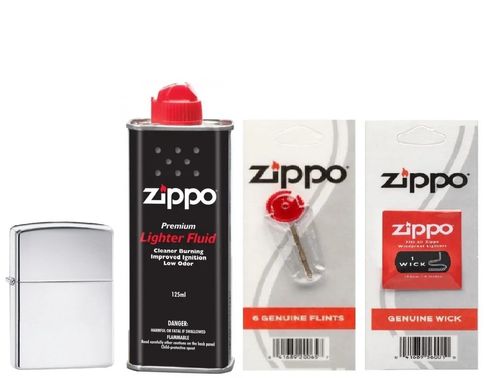 Combo 4 sản phẩm : Bật lửa Zippo Classic High Polish Chrome+Xăng+Đá+Bấc