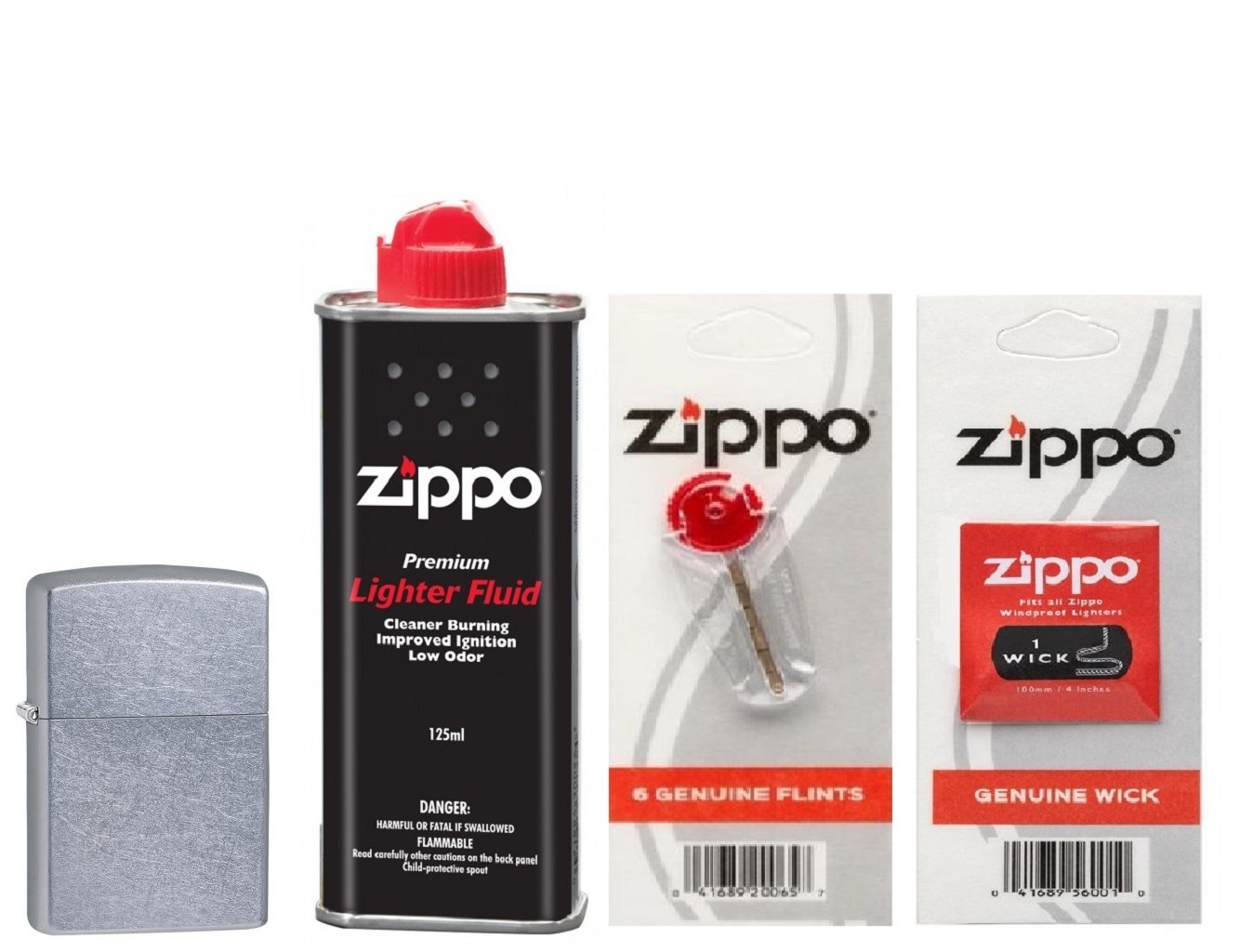 Combo 4 sản phẩm : Bật lửa Zippo Street Chrome 207+Xăng+Đá+Bấc