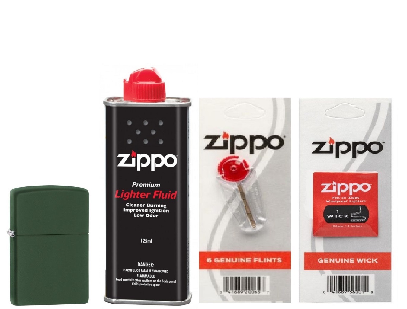 Combo 4 sản phẩm : Bật lửa Zipp Classic Matte Green 221+Xăng+Đá+Bấc