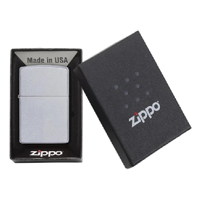 Zippo Combo 4 sản phẩm : Bật lửa Zippo Satin Chrome 205+Xăng+Đá+Bấc