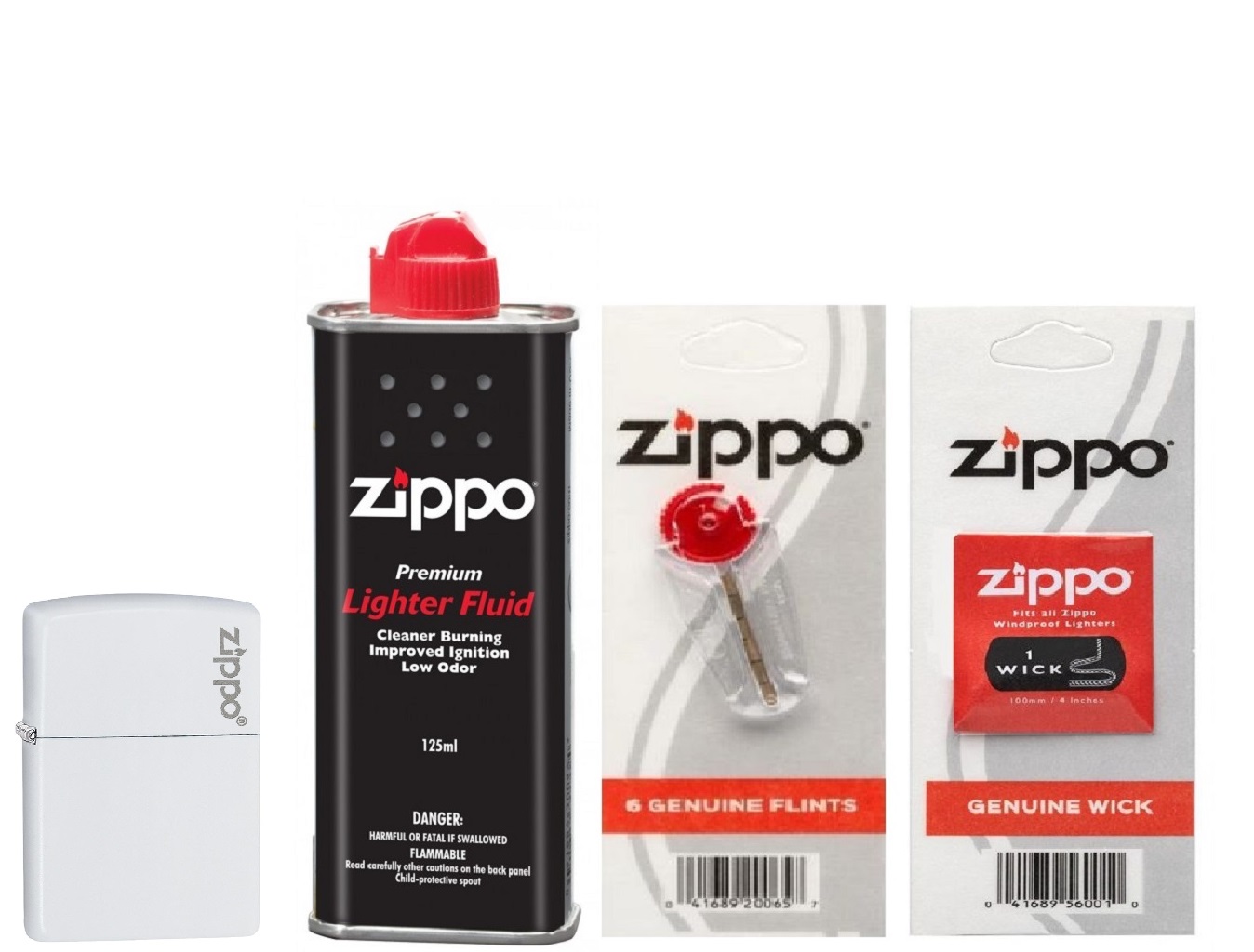 Combo 4 sản phẩm: Bật lửa White Matte with Zippo Logo 214ZL+Xăng+Đá+Bấc