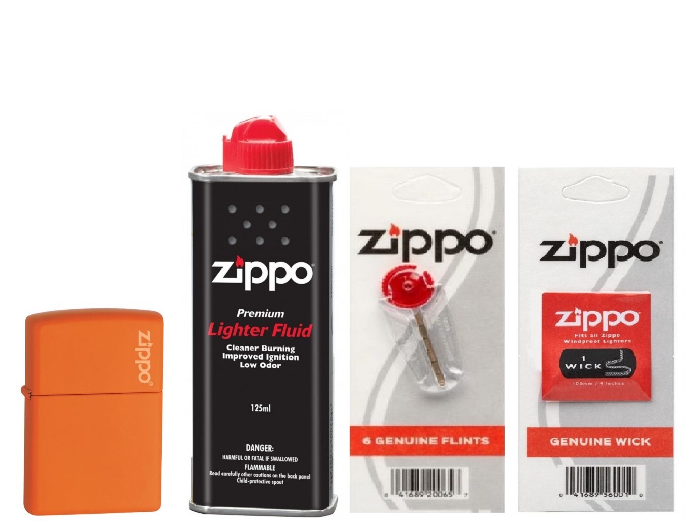 Zippo Combo 4 sản phẩm : Bật lửa Orange Matte with Zippo Logo 231ZL+Xăng+Đá+Bấc