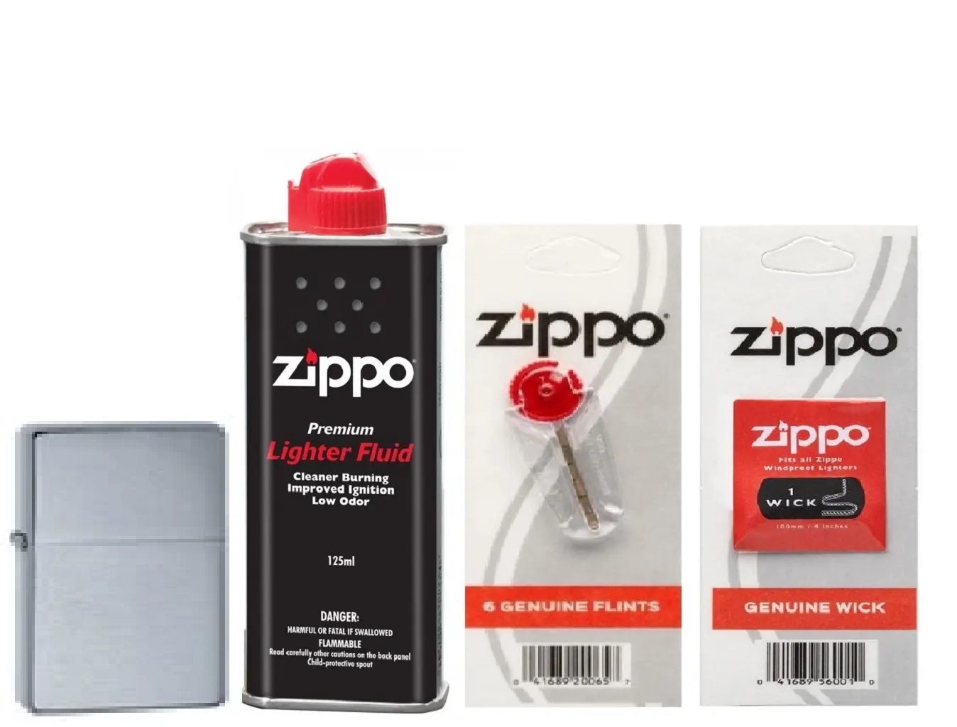 Combo 4 sản phẩm : Bật lửa Zippo Brushed Chrome Vintage+Xăng+Đá+Bấc